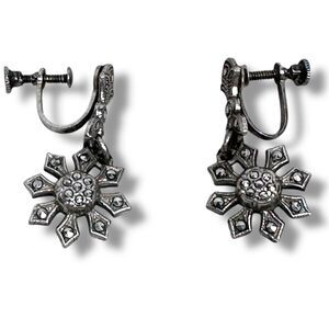 Vintage Sterling Silver Sunburst Drop Dangle Earrings Screw Back for Non-Pierced